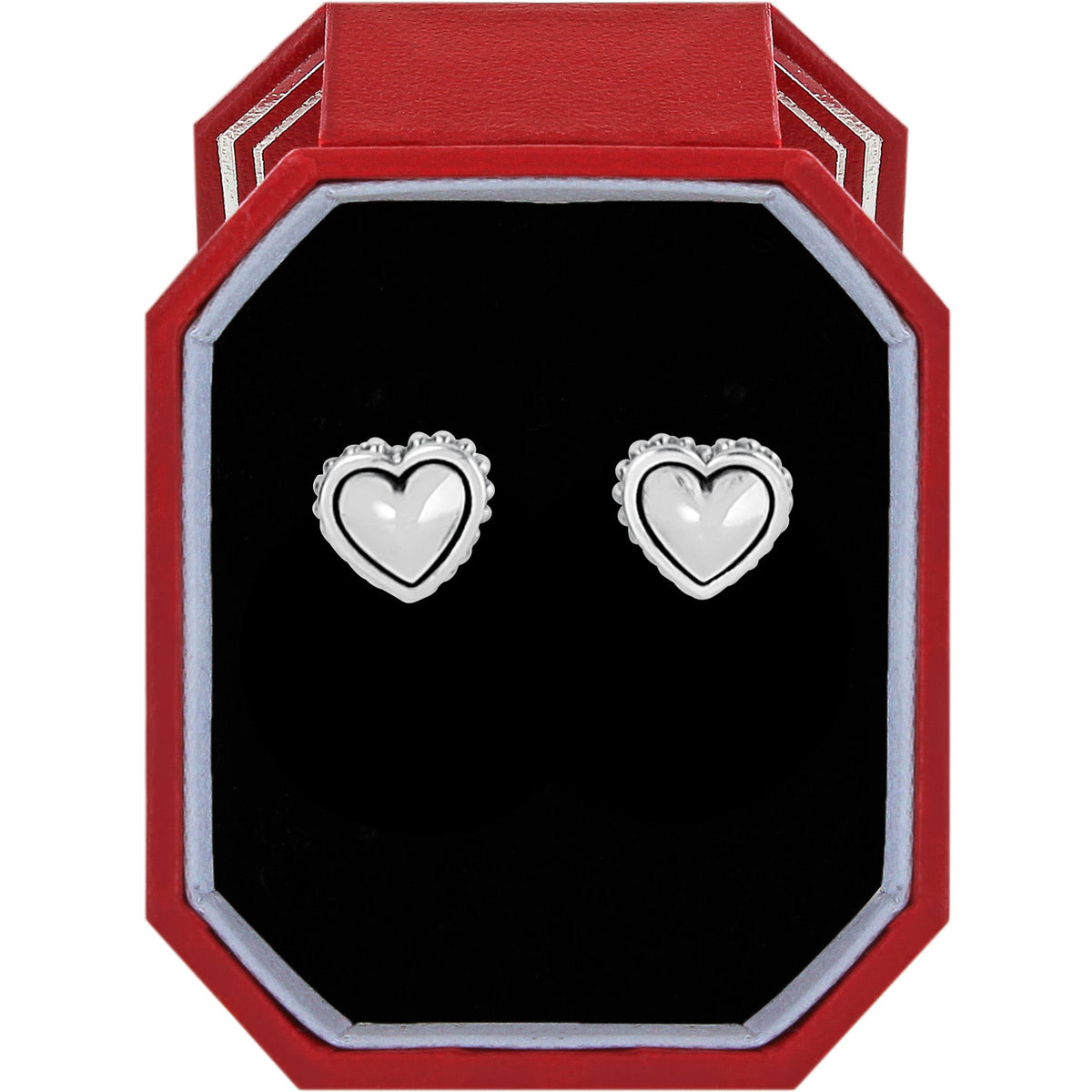 Silver plated petite heart post earrings displayed in a red gift box with a black interior.