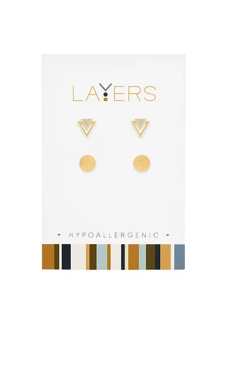 Gold CZ triangle stud paired with round stud earrings