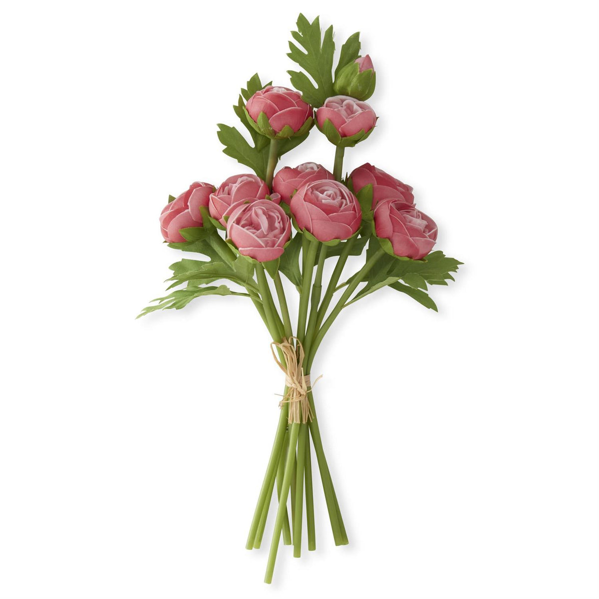 Bundle of fifteen-inch artificial ranunculus flowers in realistic colors with plastic stems.