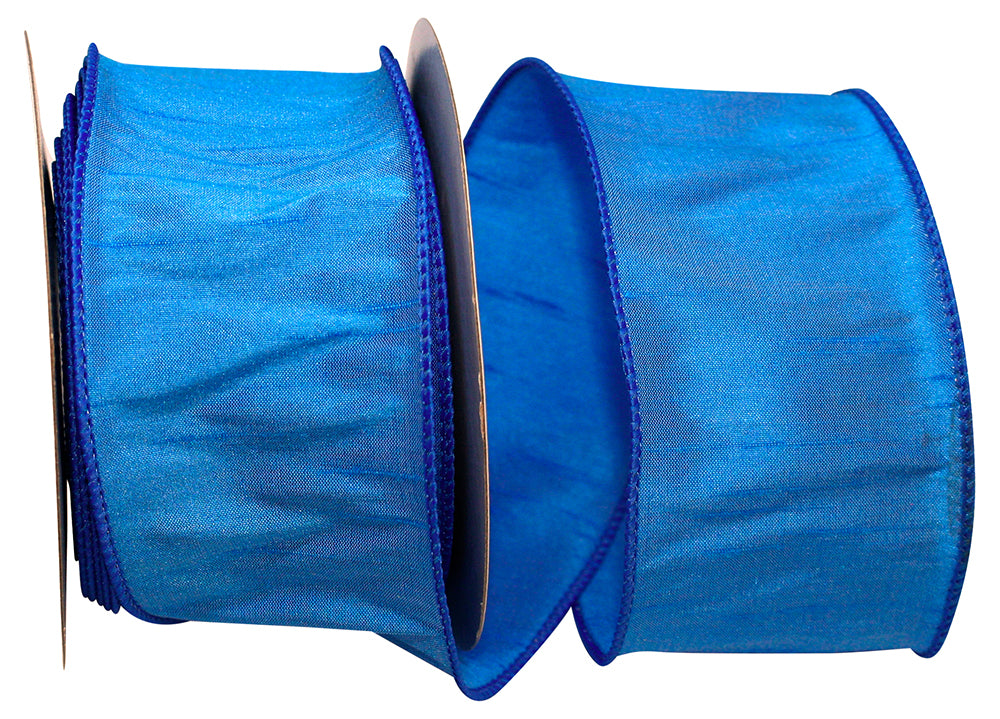 Two-and-a-half-inch wide dupioni wired edge ribbon in a solid color with a textured silk-like finish.
