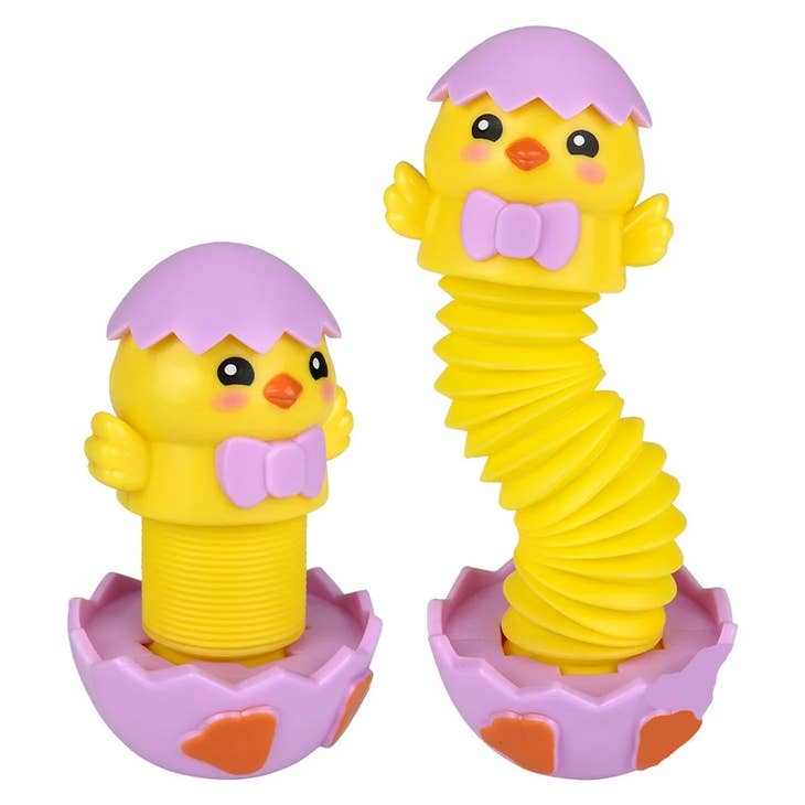 Easter chick fidget pop tube toy in pastel yellow with stretchable silicone texture and springtime design.