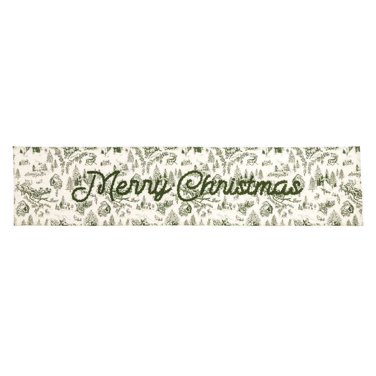 Green Toile Table Runner with embroidered Merry Christmas text and festive winter scene pattern.