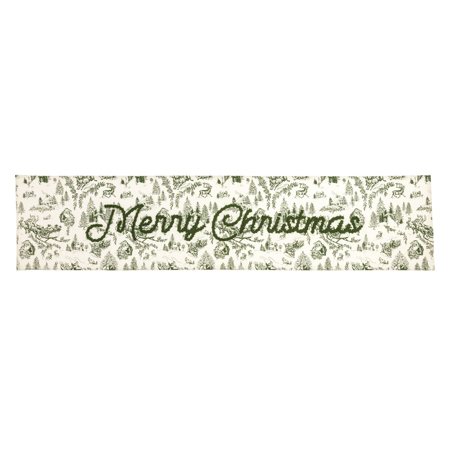 Green Toile Table Runner with embroidered Merry Christmas text and festive winter scene pattern.