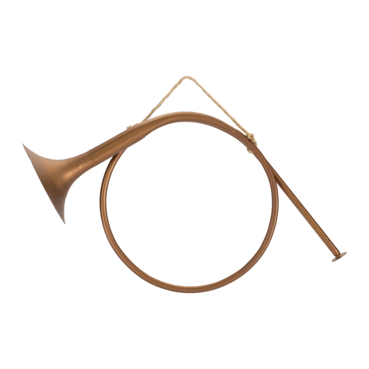 11-inch bronze-colored metal horn ornament with a circular body and a natural rope hanging loop.