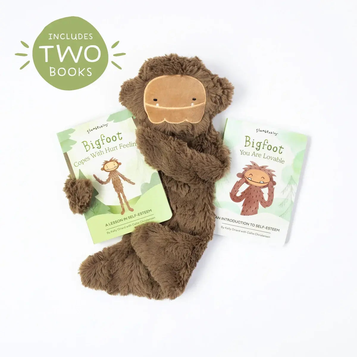 Bigfoot Snuggler plush toy with soft brown fur ears and tail, accompanied by two board books.