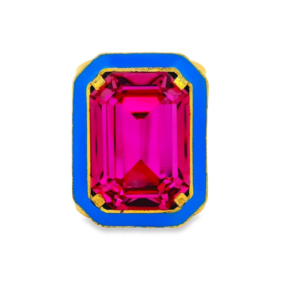 Big Dakota ring with neon blue enamel accents on antique gold brass base