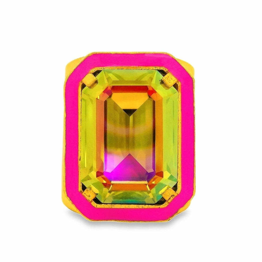 Antique gold Big Dakota ring with neon pink enamel accents and high-quality crystals on a brass base.