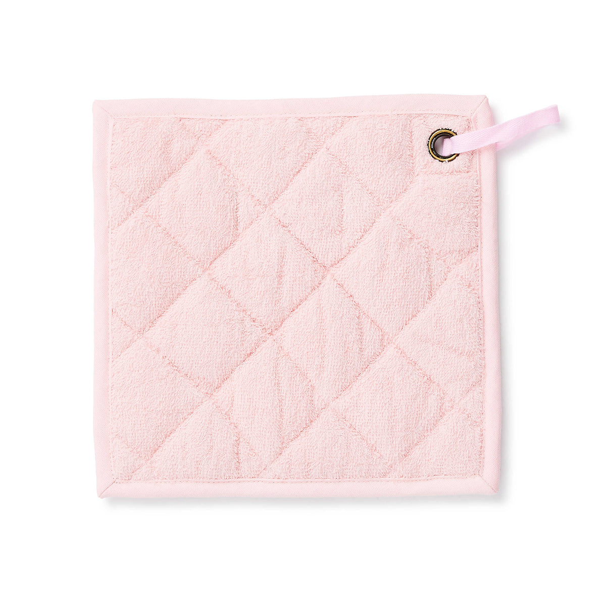 Square light pink quilted cotton potholder with a metal grommet and hanging loop.