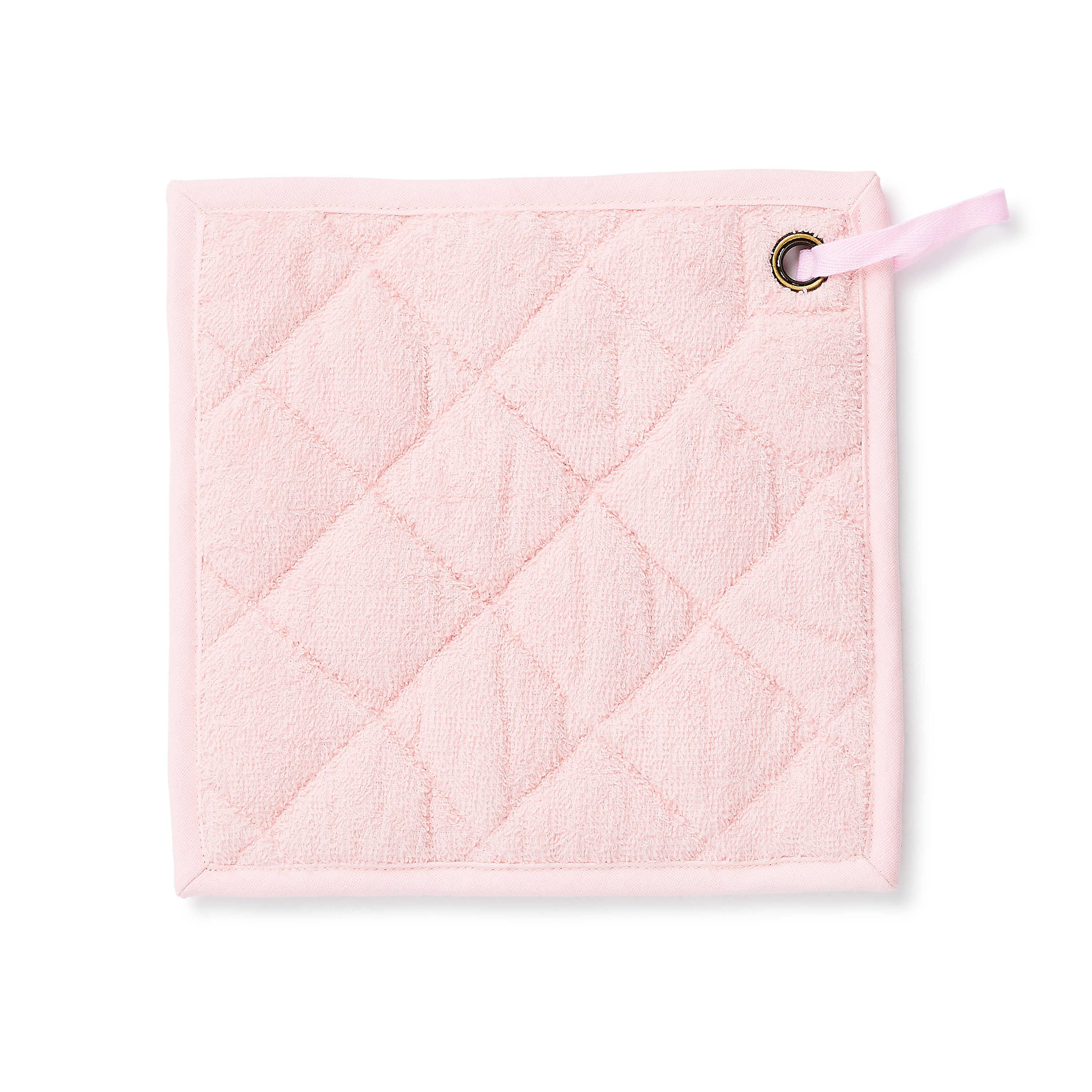 Square light pink quilted cotton potholder with a metal grommet and hanging loop.