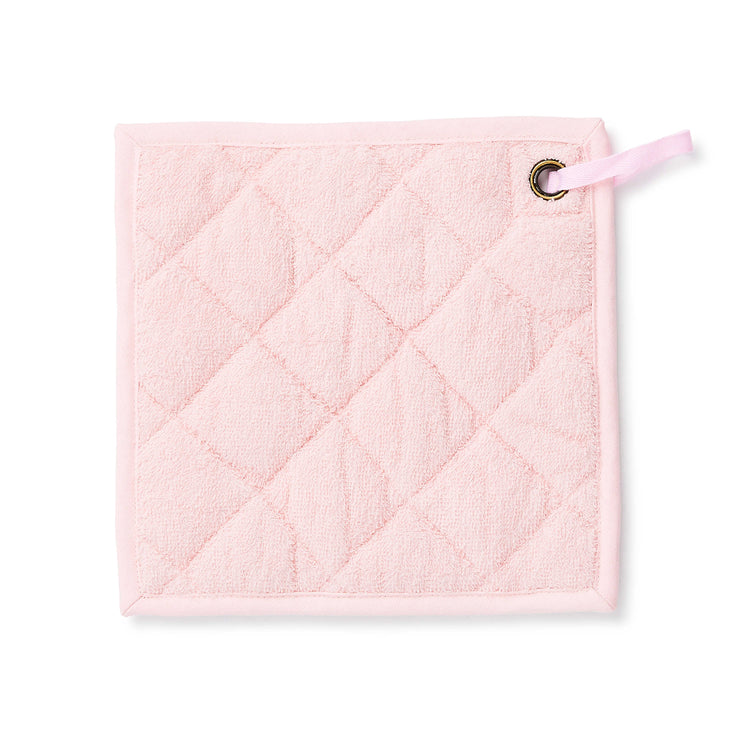 Square light pink quilted cotton potholder with a metal grommet and hanging loop.