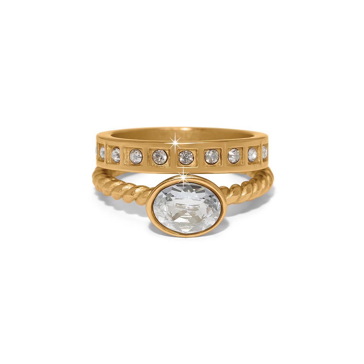 Silver-plated ring with fine crystals paired with a gold-plated crystal ring; widths vary from 1/8 to 1/4 inch.
