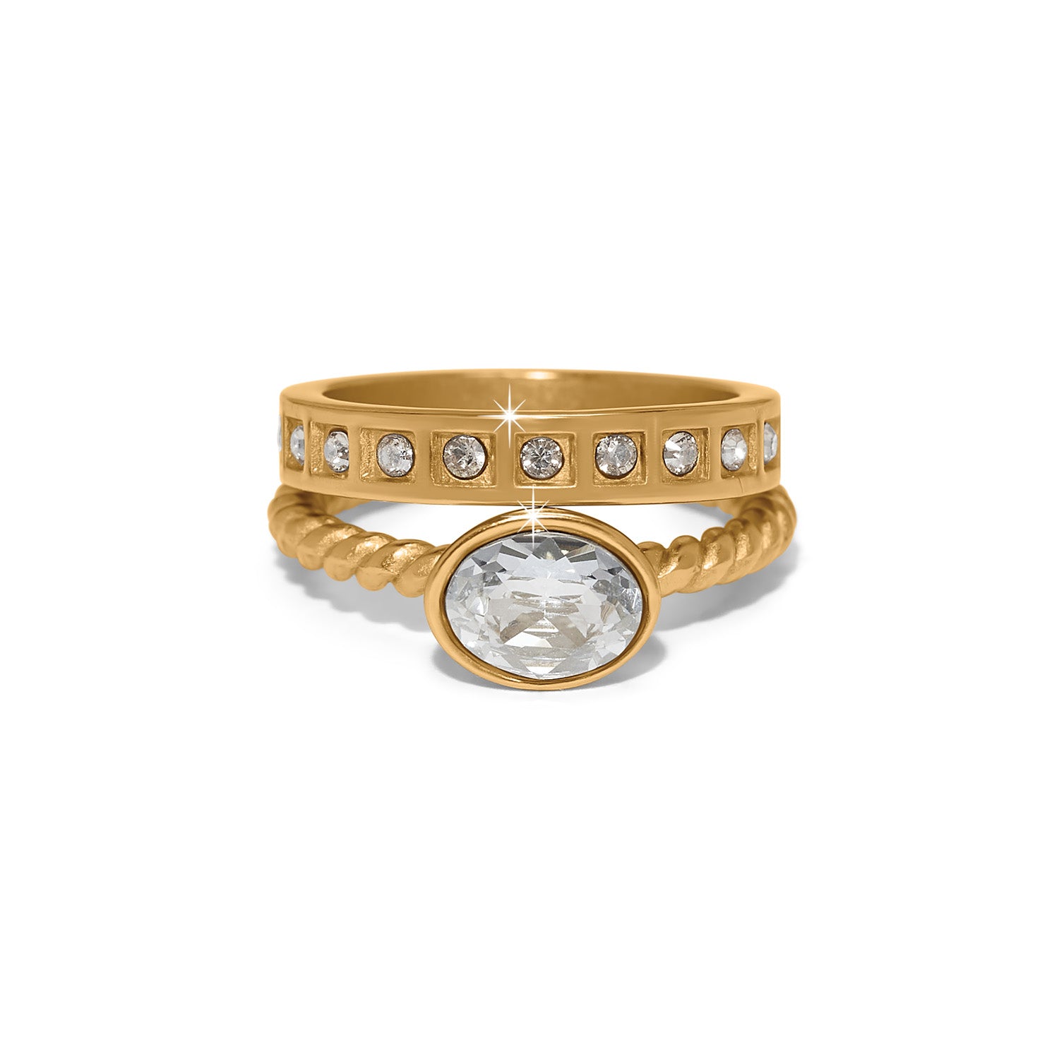 Silver-plated ring with fine crystals paired with a gold-plated crystal ring; widths vary from 1/8 to 1/4 inch.