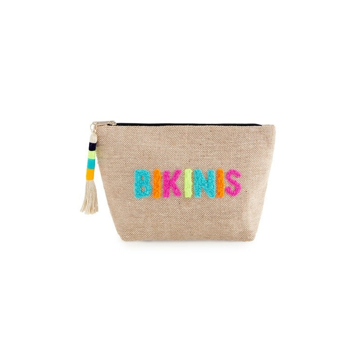 Natural fabric zip pouch measuring 8 inches long by 7 inches tall with a secure closure.