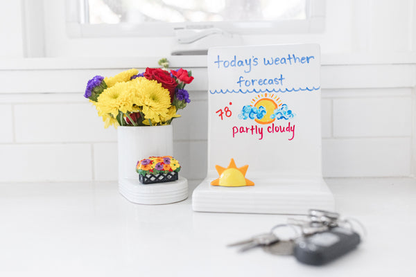 6x8.5 inch white ceramic message board with black pinstripe pattern and chalkboard writing surface.
