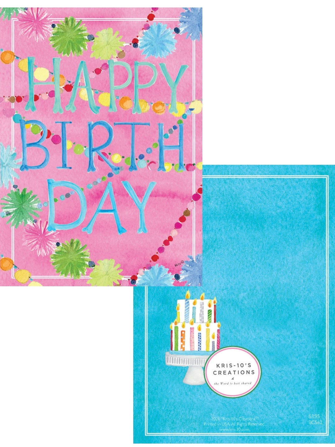 Pink birthday card with blue 'Happy Birthday' text, pom-poms, and a tiered cake on the back.