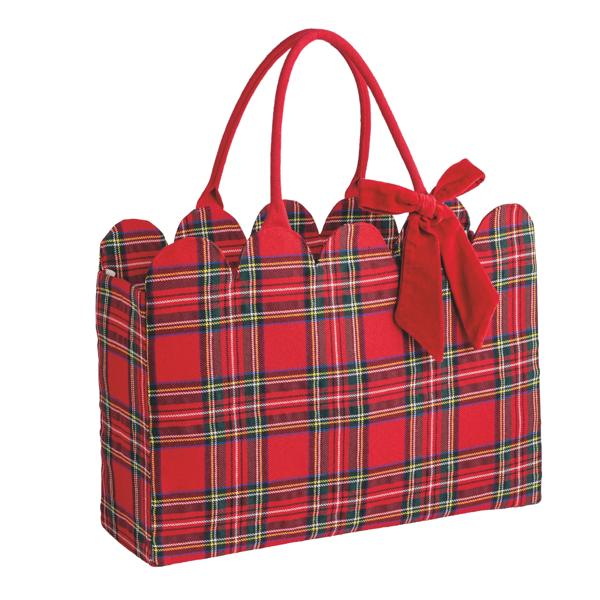 Red tartan plaid tote bag with scalloped edges, red handles, and a velvet bow detail.