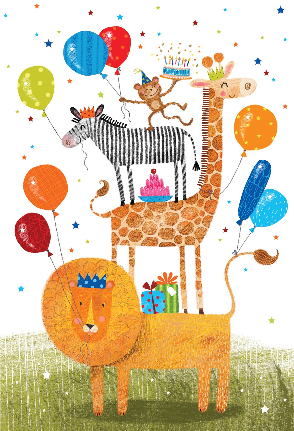 Birthday card featuring a stacked lion, giraffe, zebra, and monkey with balloons, cake, and gifts.