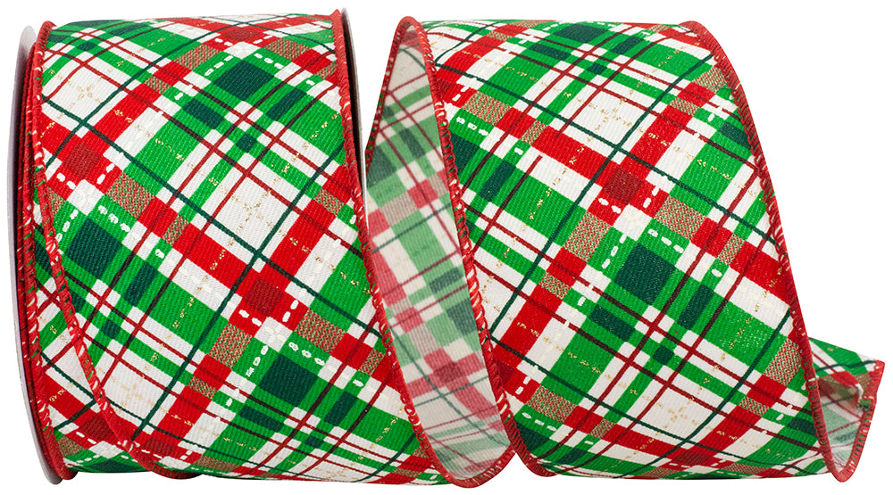2.5 inch wide festive diagonal plaid ribbon in red, emerald green, and white with gold sparkles.