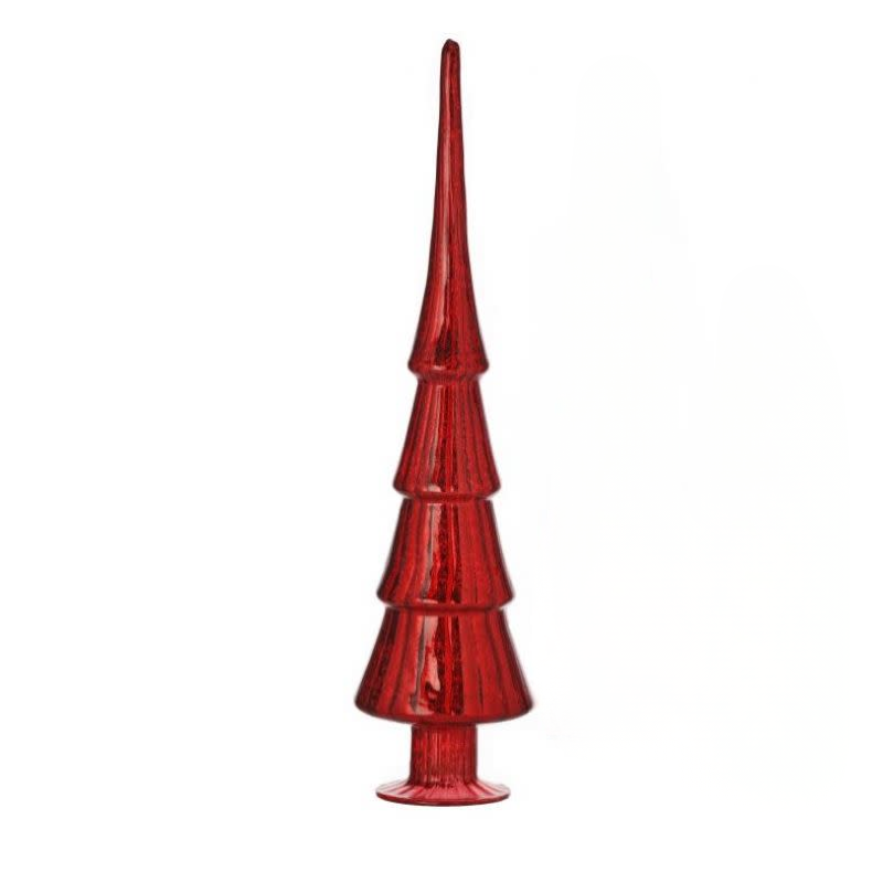 Tall, slender red mercury glass Christmas tree decoration with a ribbed texture and tiered design.