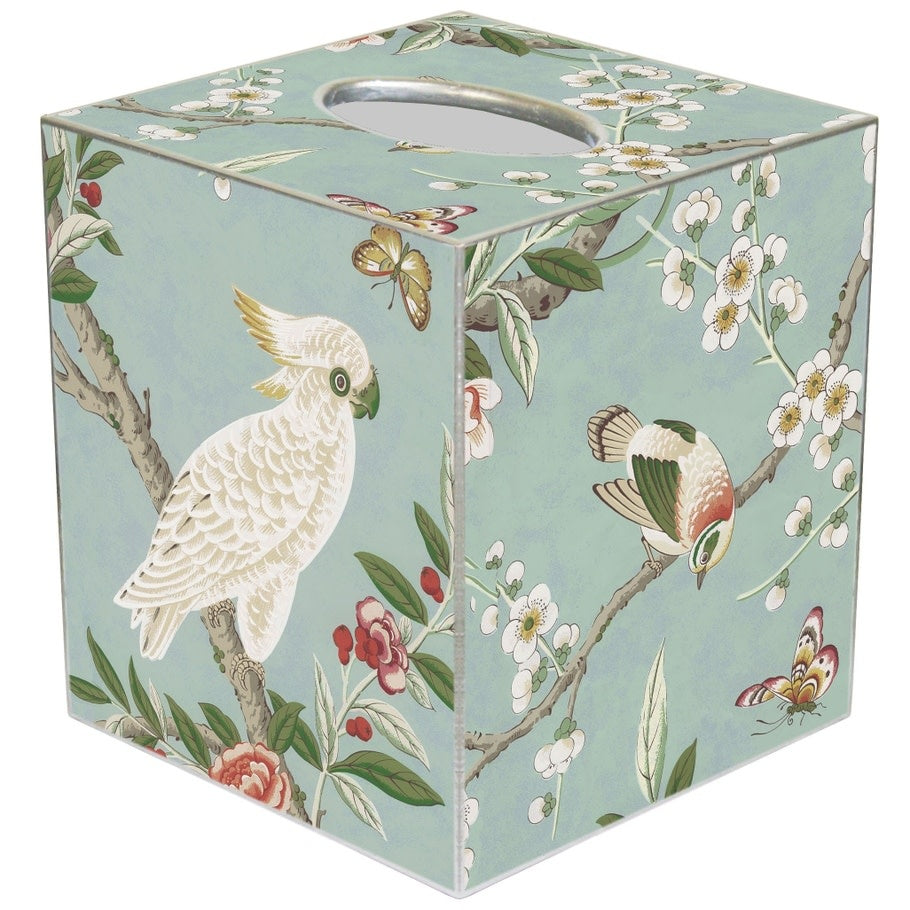 Handcrafted paper mache tissue box cover with gold-painted edges.