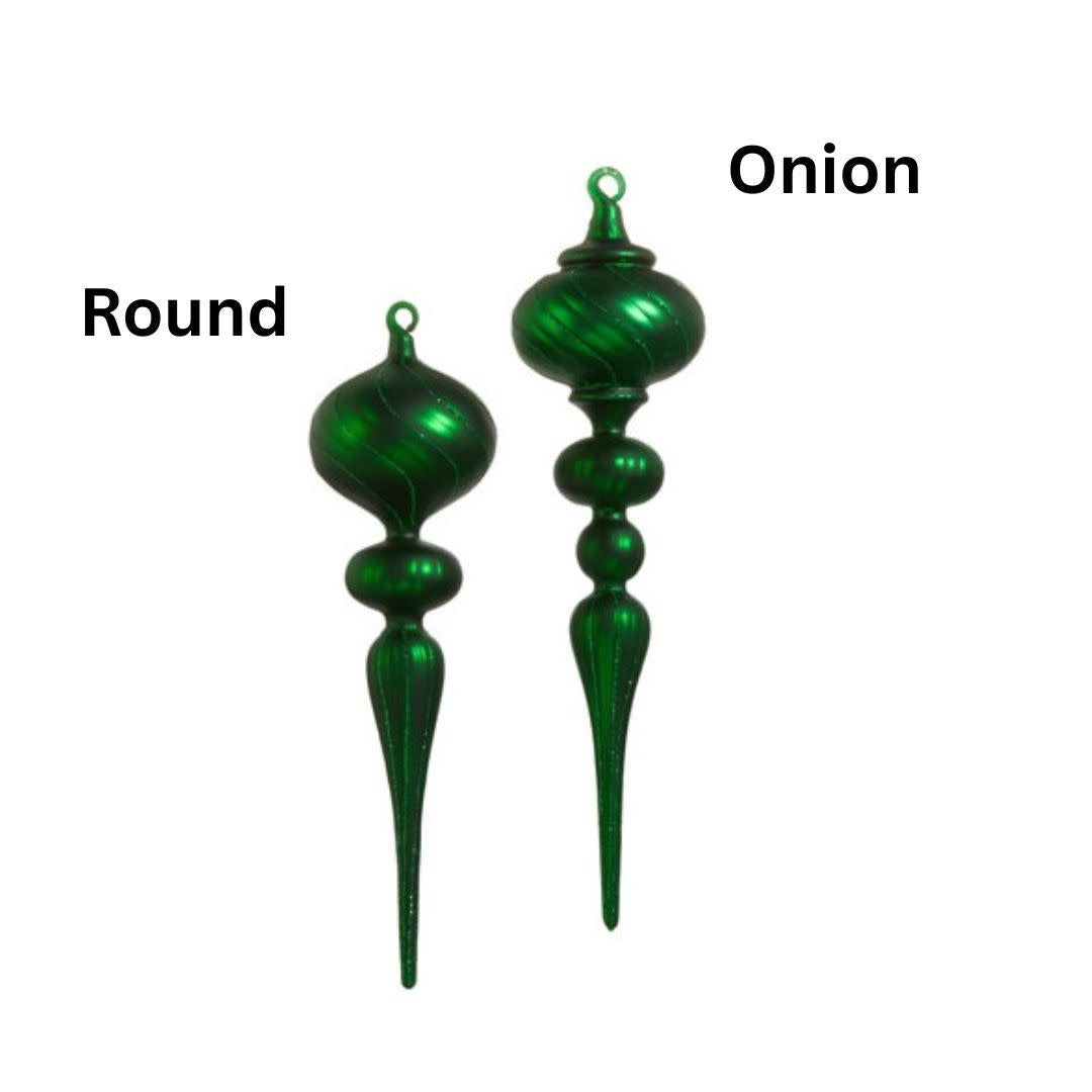 Glass finial ornament in matte green with a classic bell shape.
