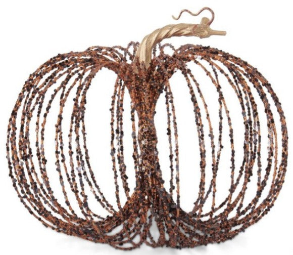 Large orange and black glitter wire pumpkin decoration with a gold twisted stem.
