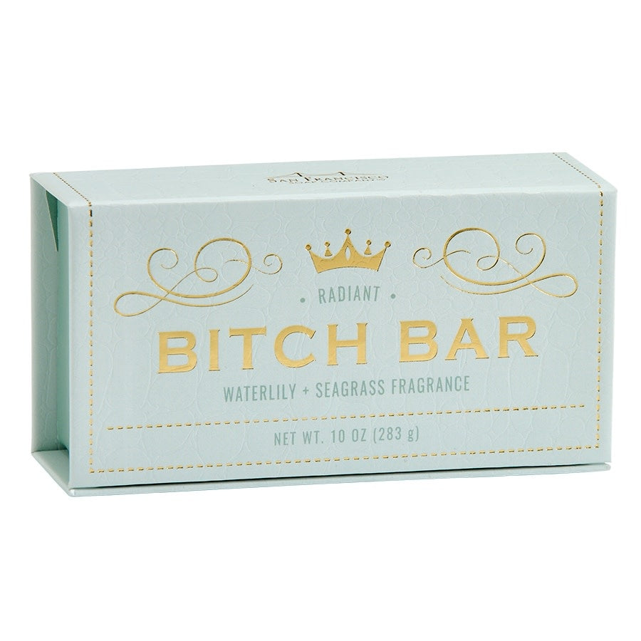 Bitch Bar Radiant Waterlilly soap bar with blue cedarwood scent in a rectangular shape.