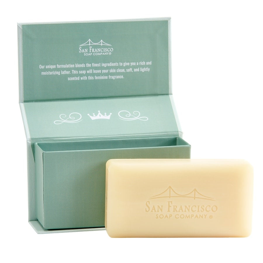 Bitch Bar Radiant Waterlilly soap bar with seagrass accents in pale green and blue hues.