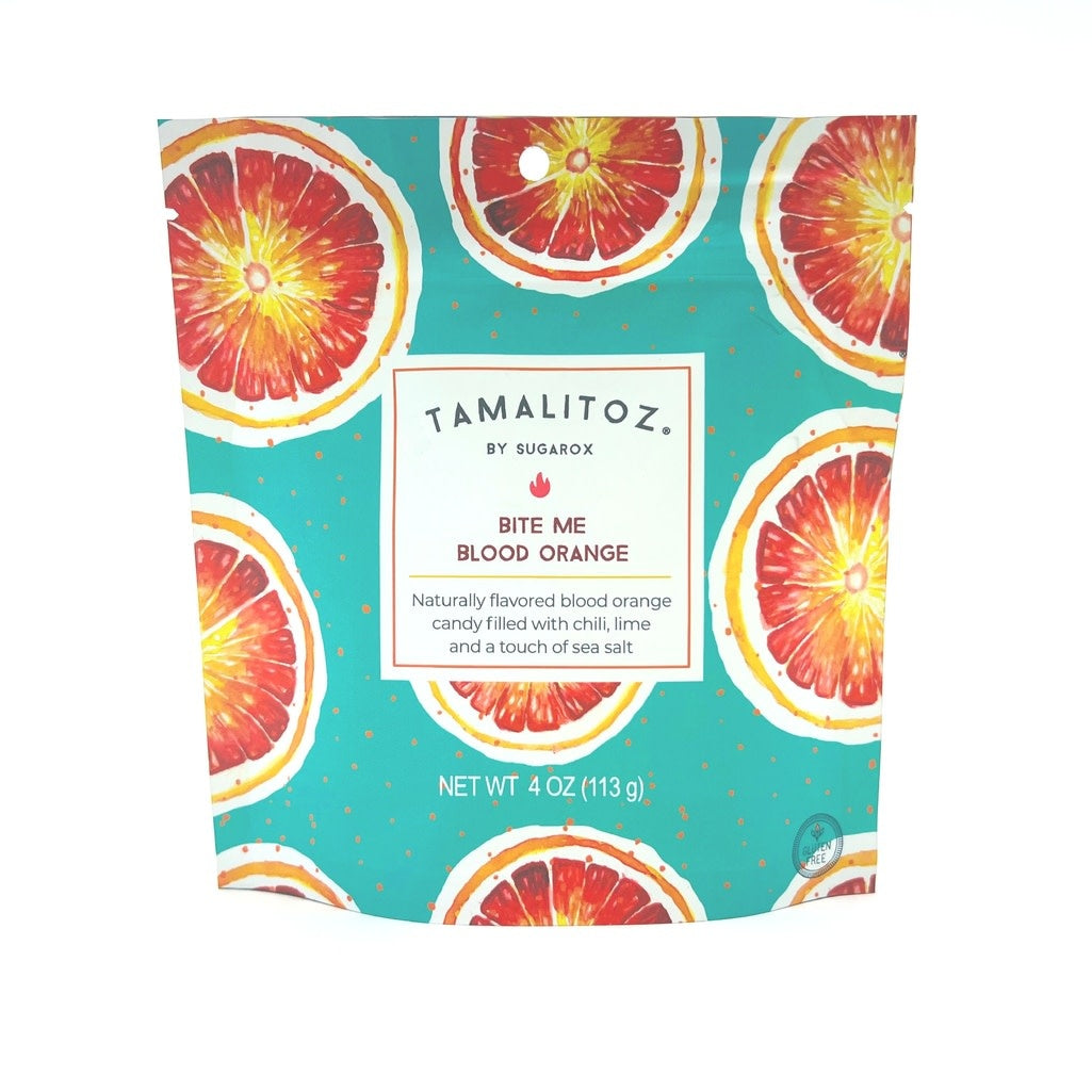 Front view of Tamalitoz Blood Orange ribbon candy in a clear bag with mild chili and lime flavors.