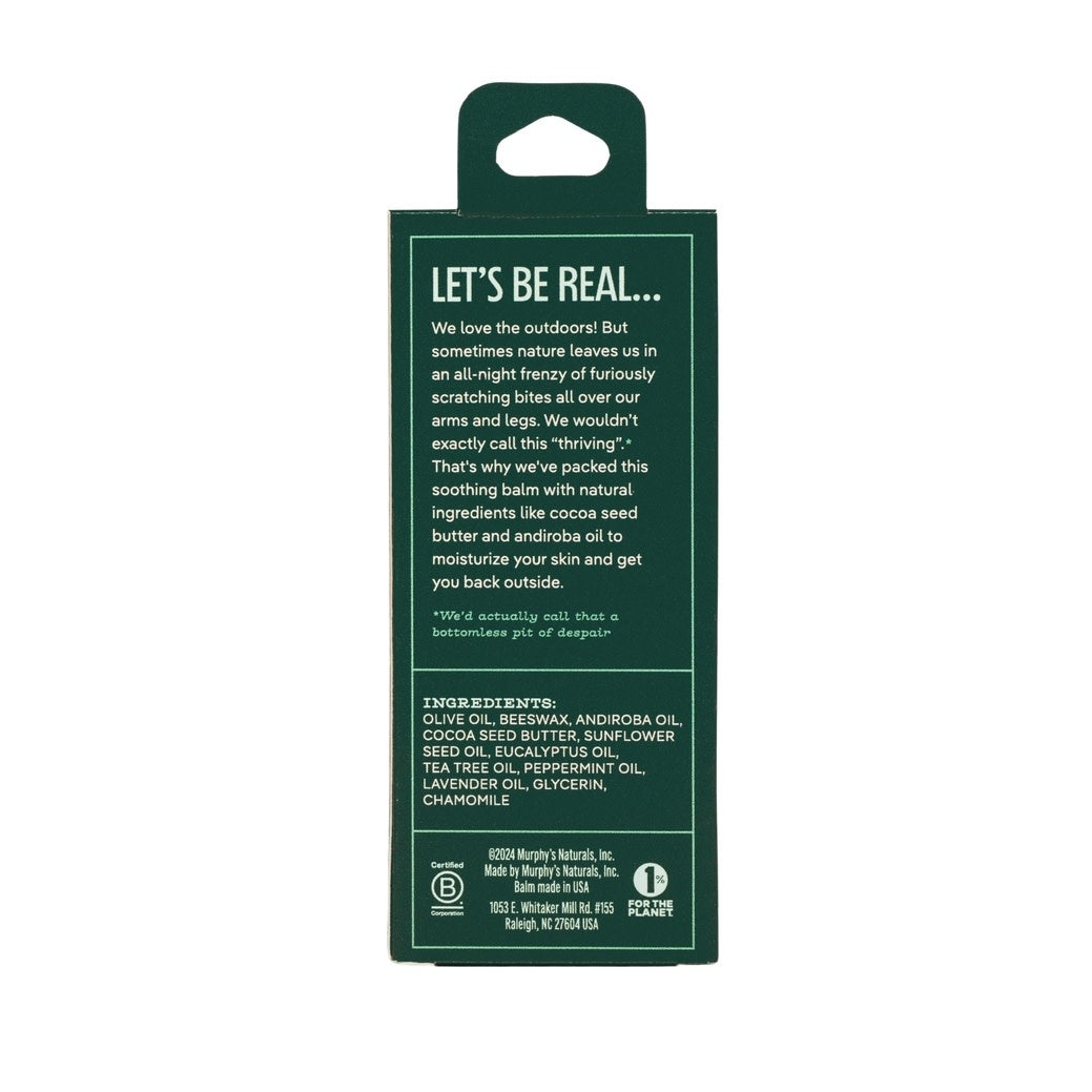 Back view of Bite Relief Soothing Balm Stick with natural ingredient labels on the packaging.
