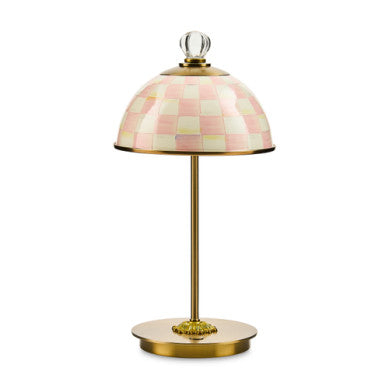 Rechargeable dome table lamp with hand-painted checkered pattern in mild steel and glazed enamel.