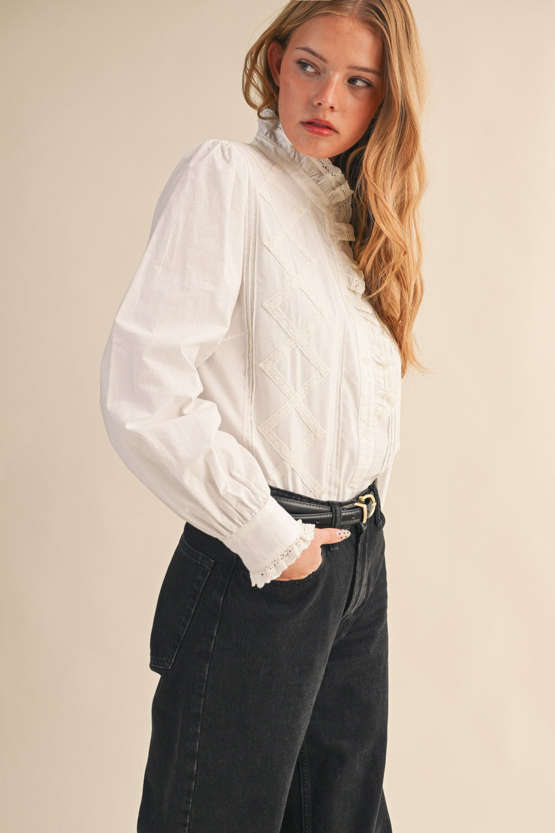 Lucy Ruffled Lace Trim Button Down Top