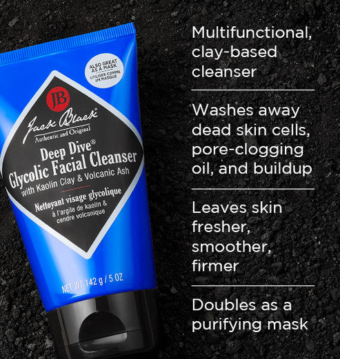 Jack Black Deep Dive Glycolic Facial Cleanser tube with Kaolin Clay and Volcanic Ash.