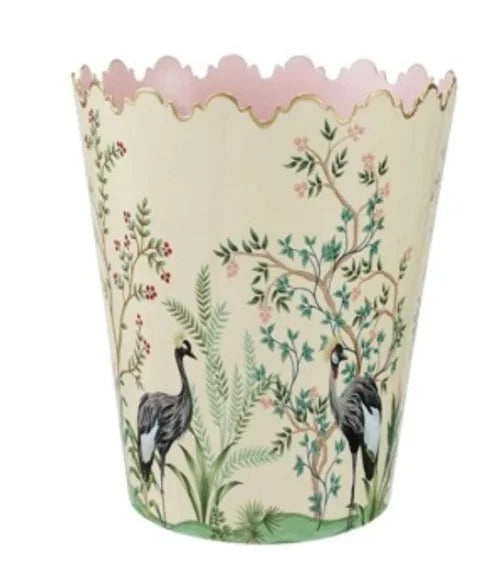 Metal scalloped bucket featuring a hand-painted nature scene with cranes, trees, and pink interior.