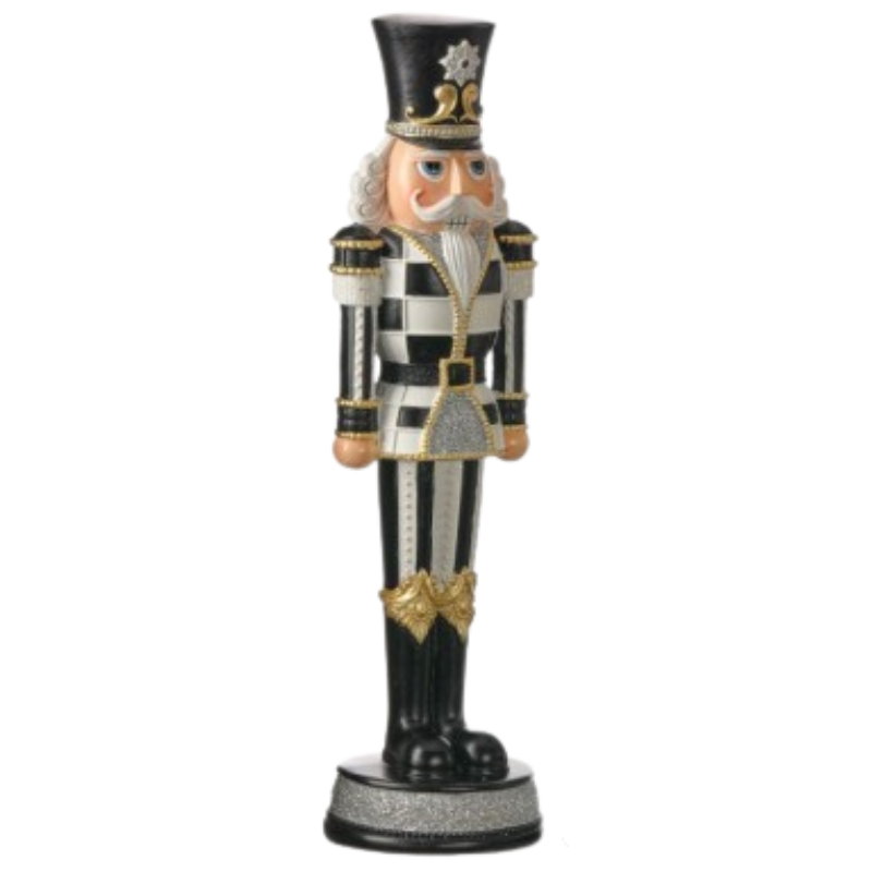 13-inch black and white checkered resin royal nutcracker with gold and silver glitter accents.