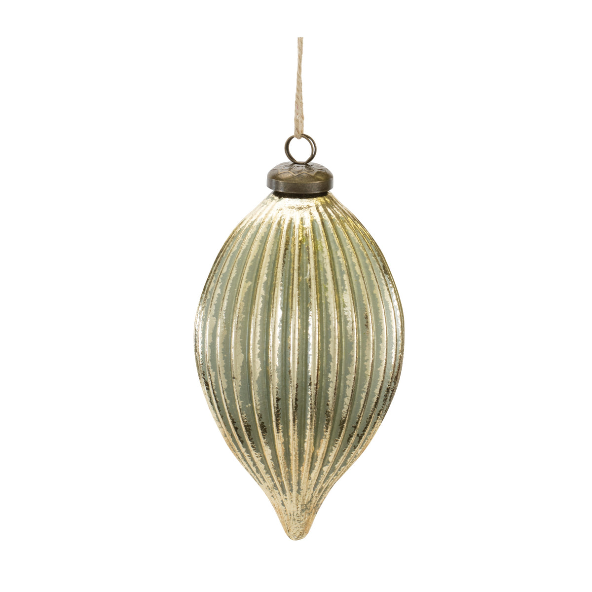 Vintage-style ribbed glass teardrop ornament in a soft gold and sage green finish.