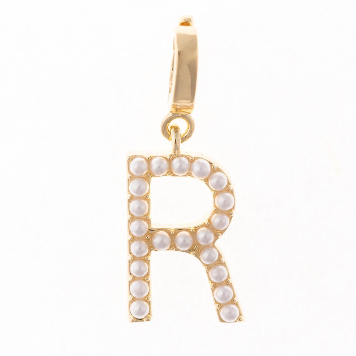 18k gold plated letter R charm with pearl inlay and a clasp attachment.