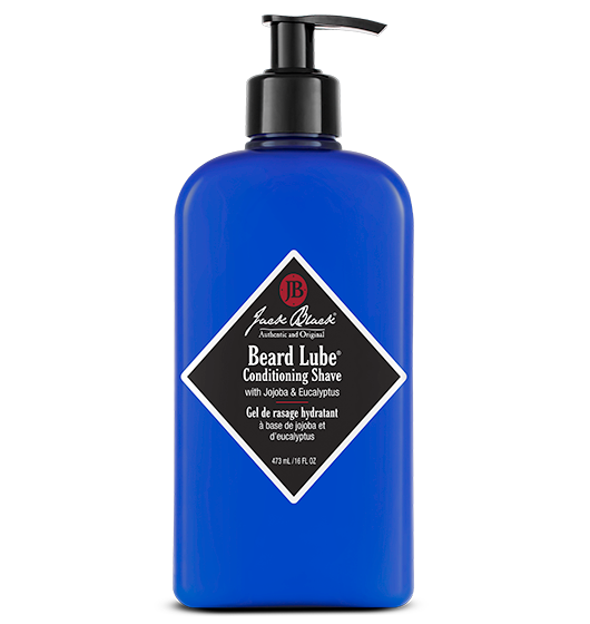 Jack Black Beard Lube Conditioning Shave with Jojoba and Eucalyptus in a 16 oz blue pump bottle.