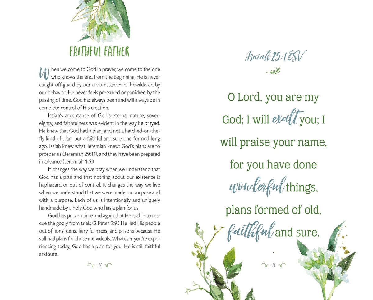 Open pages of 100 Favorite Bible Prayers featuring a devotion on Isaiah 25:1 with floral accents.