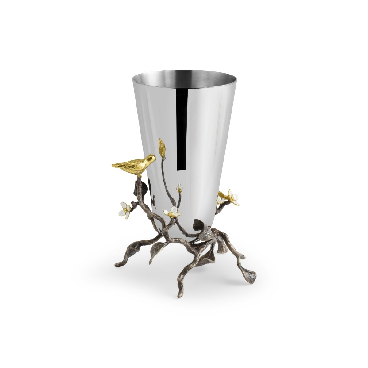 Small stainless steel vase with oxidized brass accents featuring white enamel four-petaled flowers symbolizing unity.