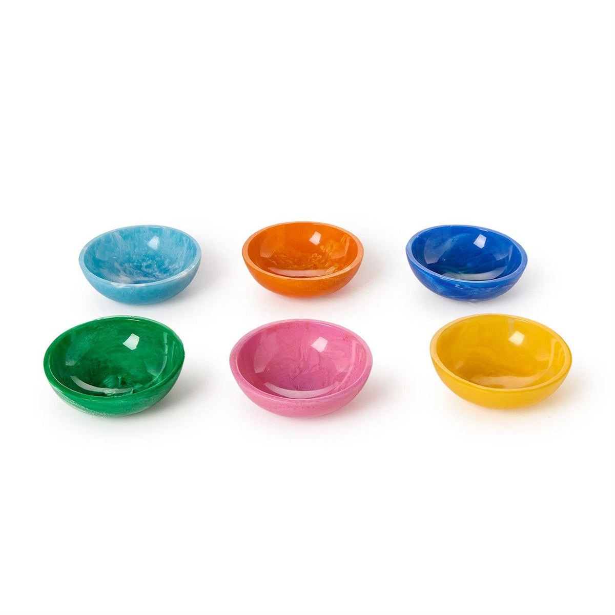 Six small, round resin tidbit bowls in light blue, orange, dark blue, green, pink, and yellow.