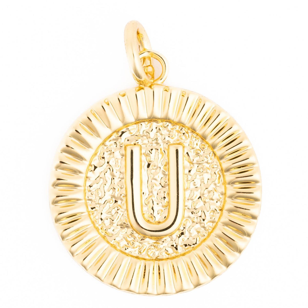 Gold round McKenna charm featuring a raised letter U on a textured background with a fluted border.