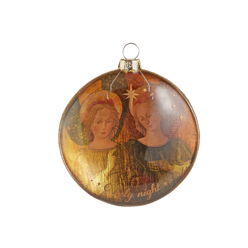 4-inch glass disc ornament featuring two vintage-style angels and the words "Holy Night."