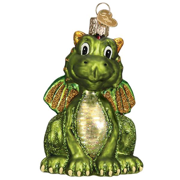 Green glass Little Dragon Ornament with gold glitter wings and a heart-shaped metal tag.