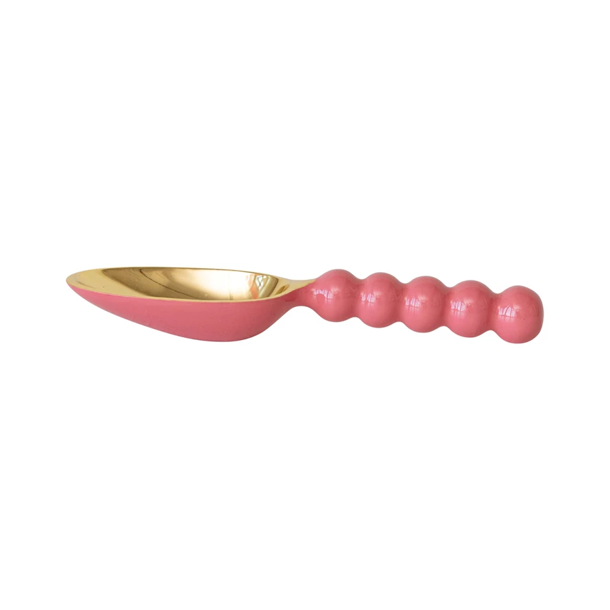 Enameled aluminum scoop with a smooth oval bowl and long handle.