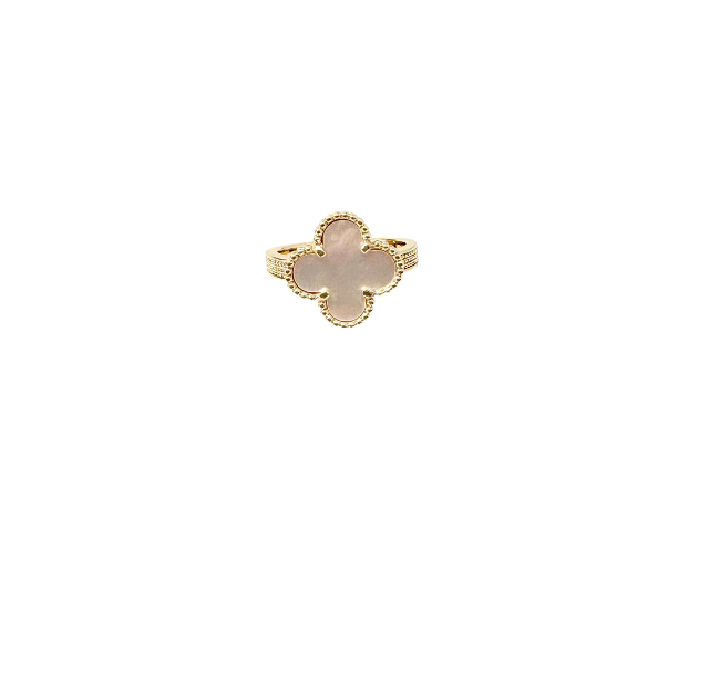 Gold-tone fashion ring with a four-leaf clover mother of pearl inlay and beaded border.