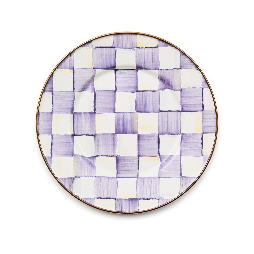 Hand-glazed steel salad plate with violet checkered pattern on bronzed stainless rim