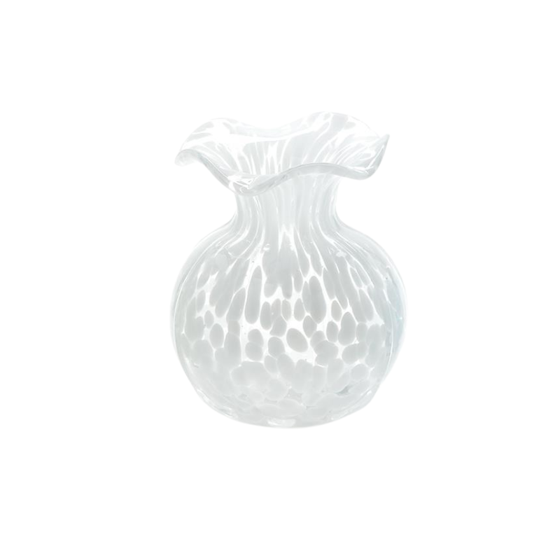 Handcrafted white spotted glass vase with a unique ruffled edge design.