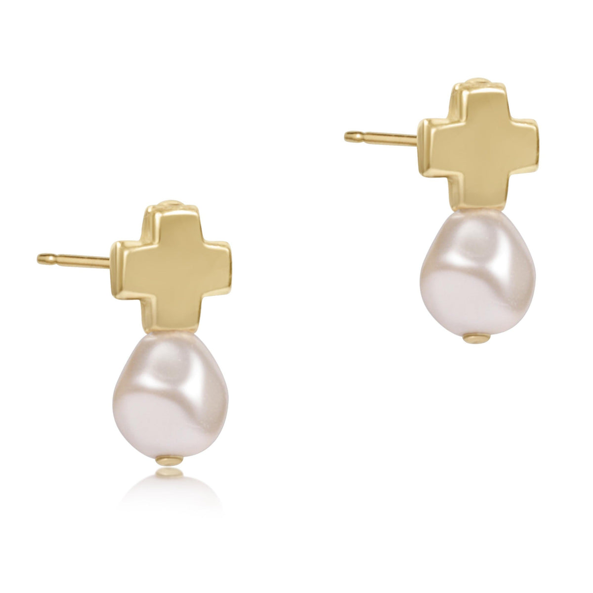 A pair of 14k gold-filled cross stud earrings featuring dangling white baroque pearls.