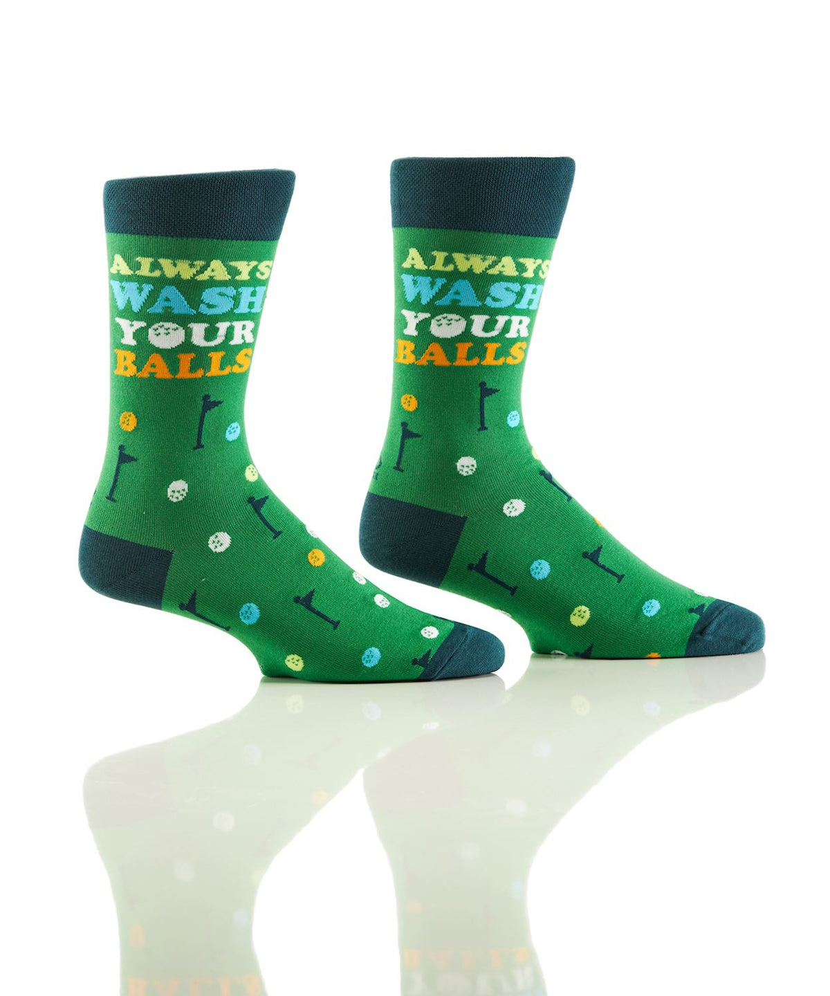 Men's crew socks in white cotton with black sentiment prints on the cuff.